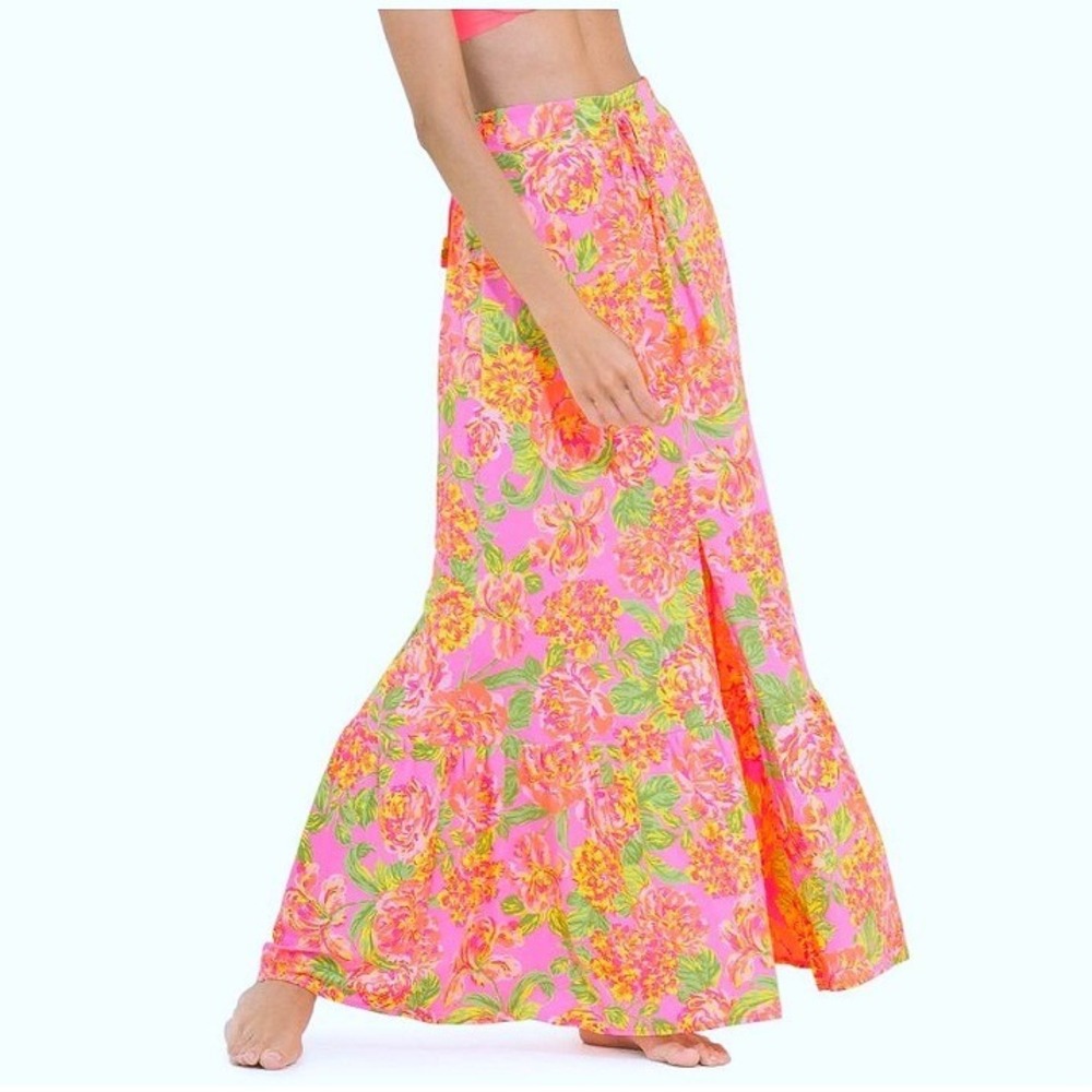 Maaji Rose Athena Neon Pink Orange Floral Swimsuit Coverup Ruffled Maxi Skirt M